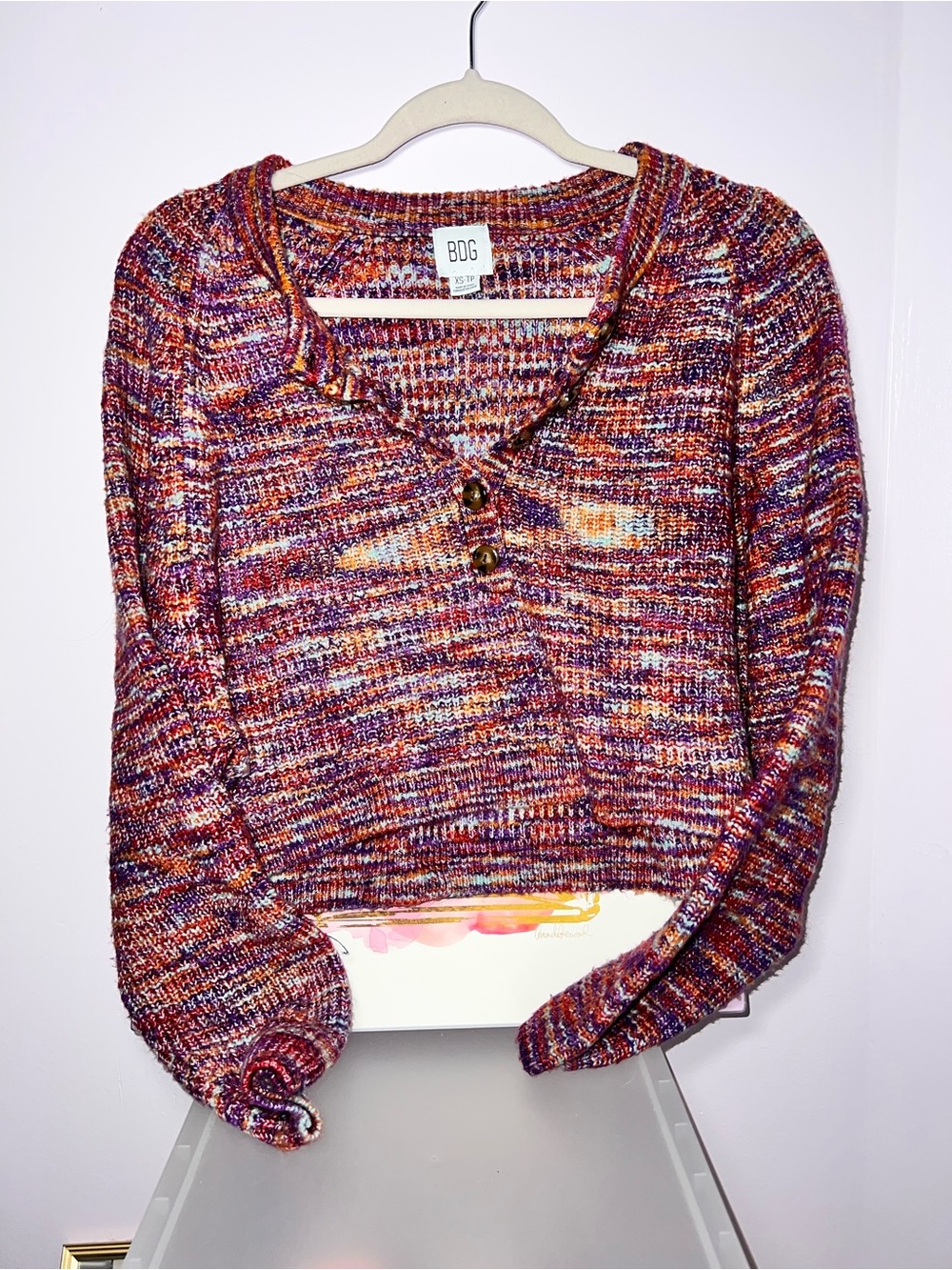 BDG Multicolor Knit Henley Sweater — Purple, Orange, Yellow